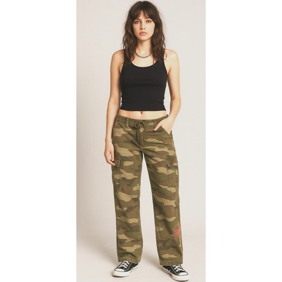 Mossimo Denim Pants - Vintage Y2K Mossimo Womens Camo Cargo Pants Size 11 Dragon Embroidered Grunge